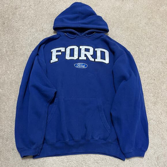 Vintage Ford Motors Embroidered Spellout Blue Hoodie Sweatshirt Large - Picture 1 of 6